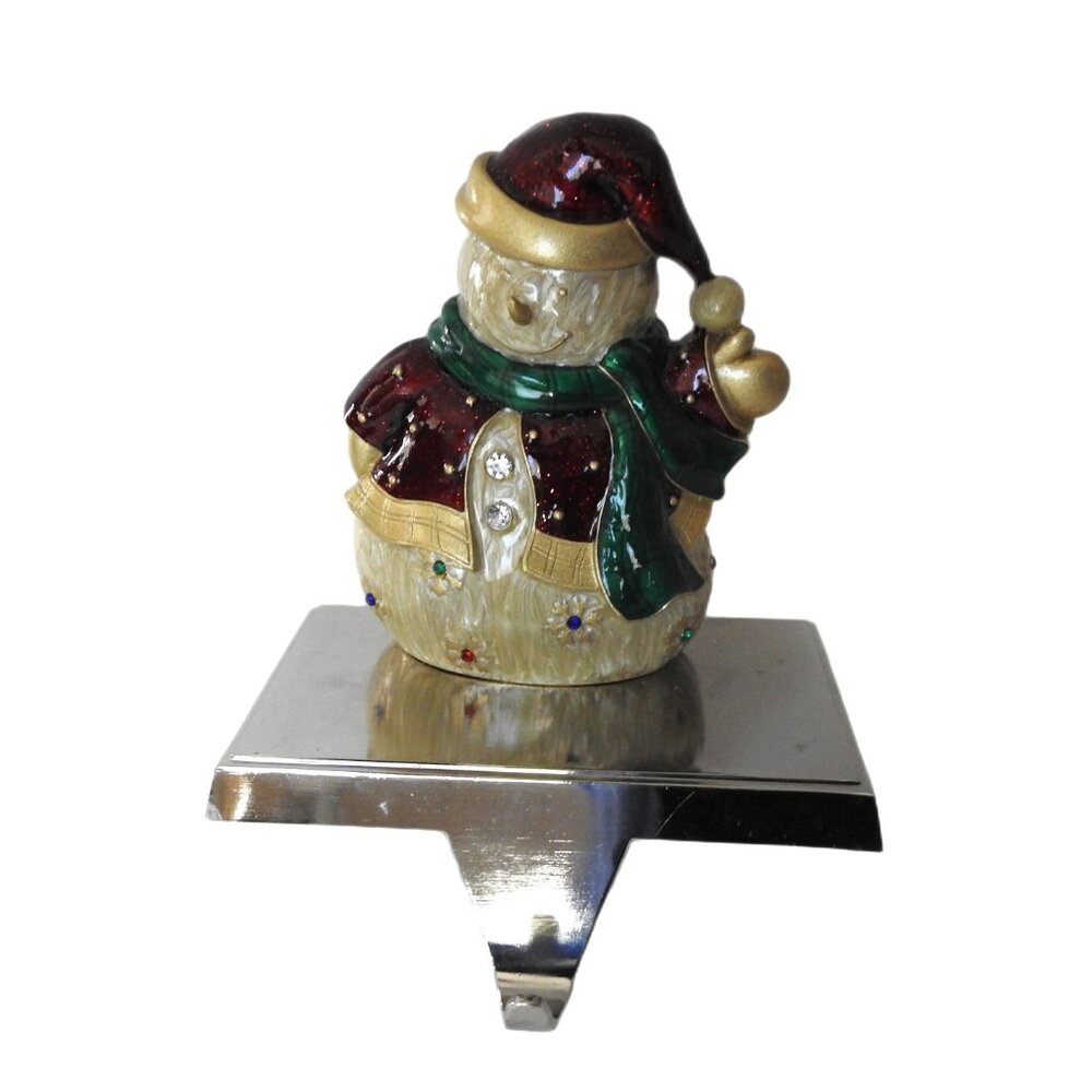 Vintage Enamel Bejeweled Snowman Christmas Stocking Holder